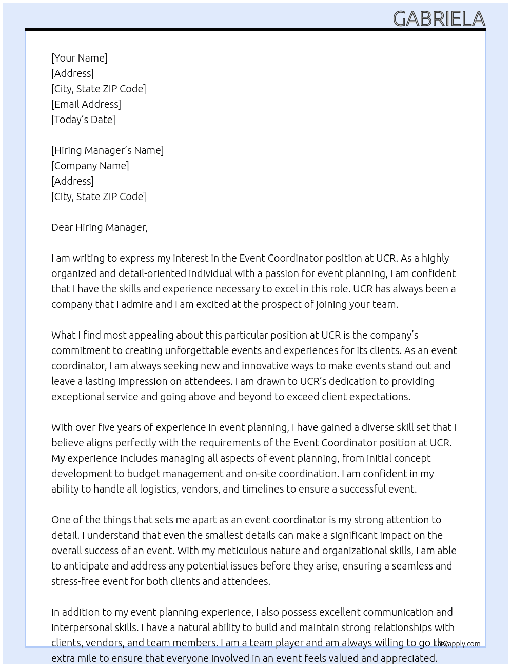 event coordinator At UCR Cover Letter