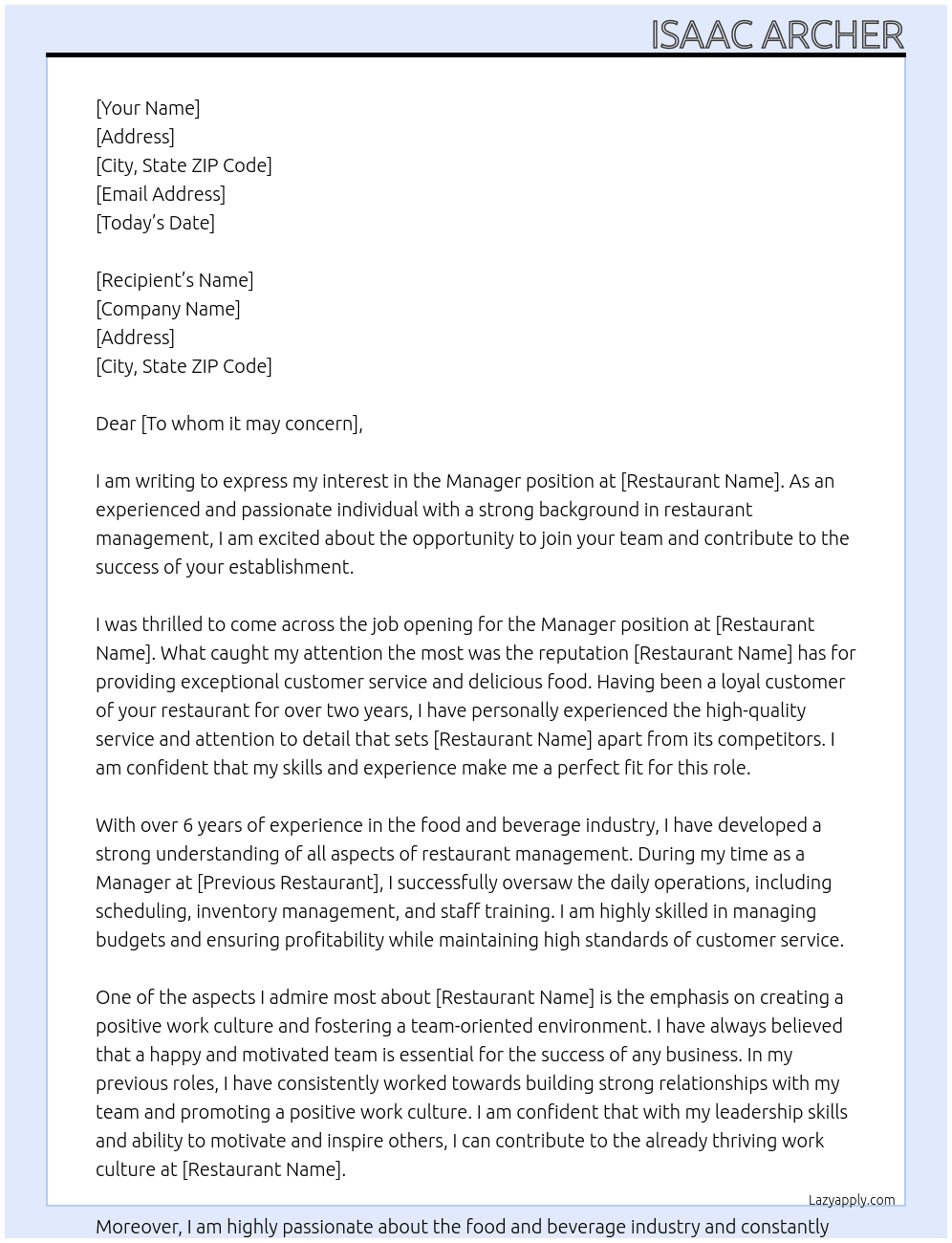 Manager At restaurant Cover Letter