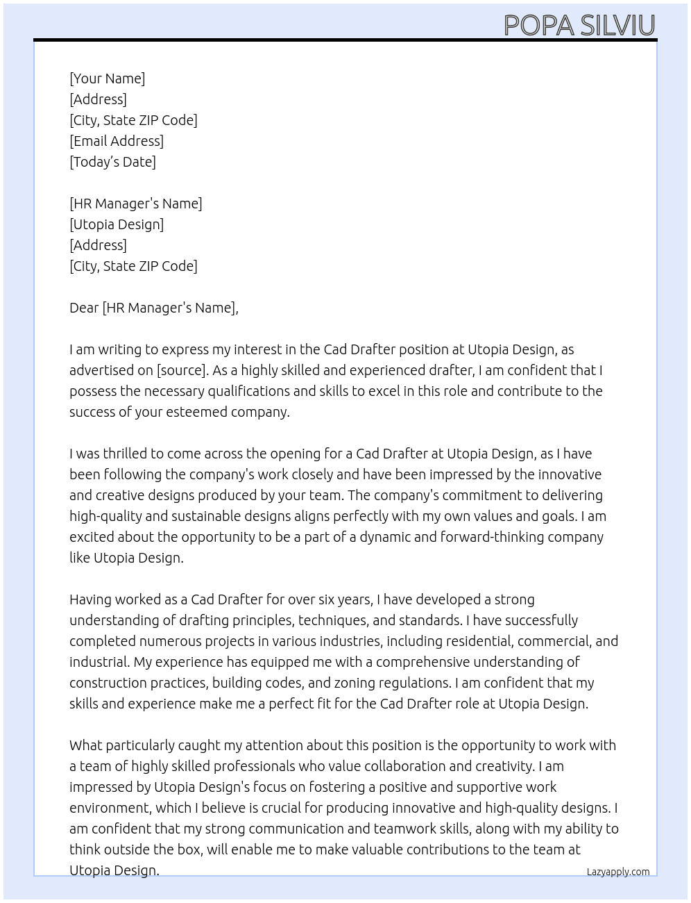 Cad drafter At Utopia Design Cover Letter