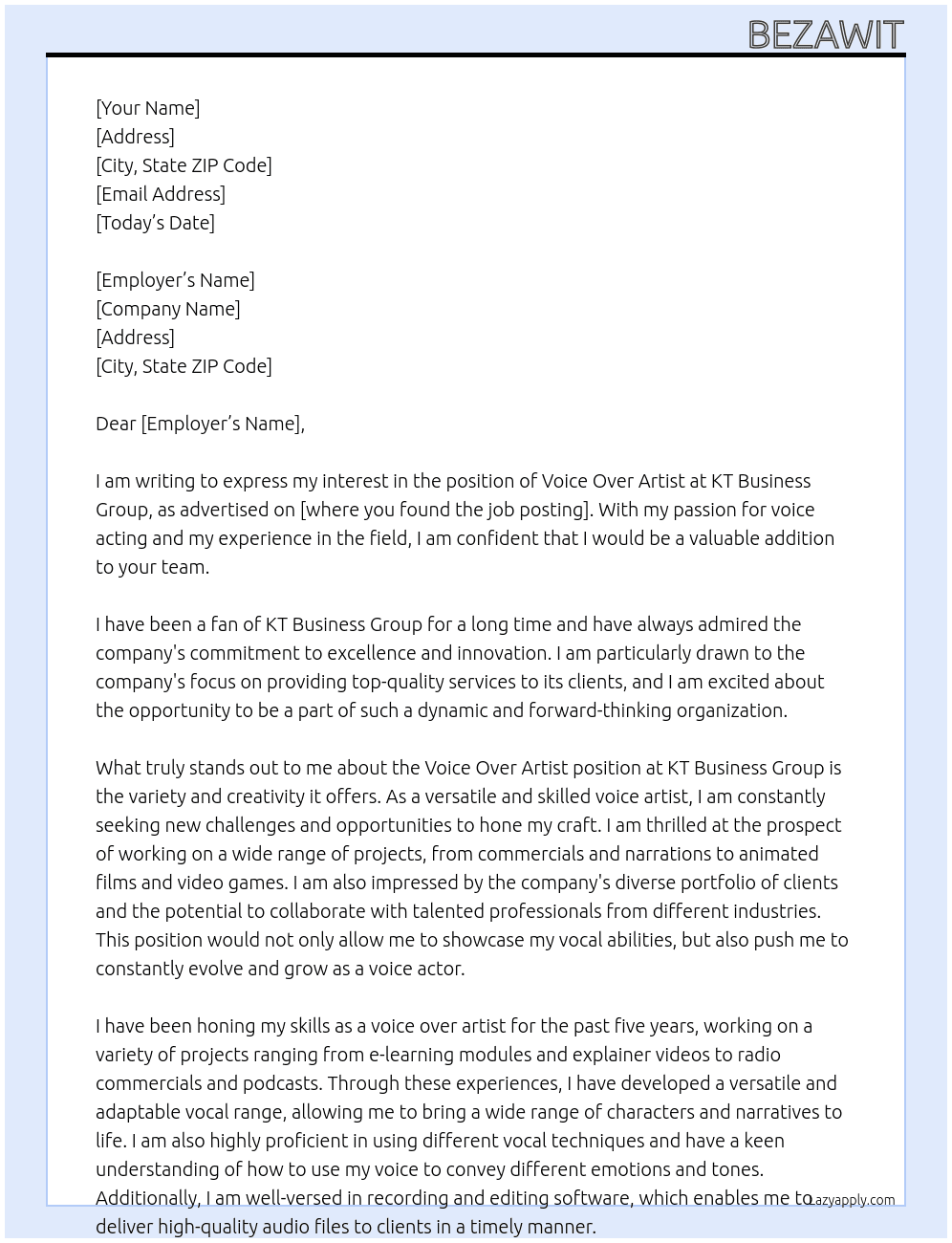 Voice Over Artist  At KT business group Cover Letter