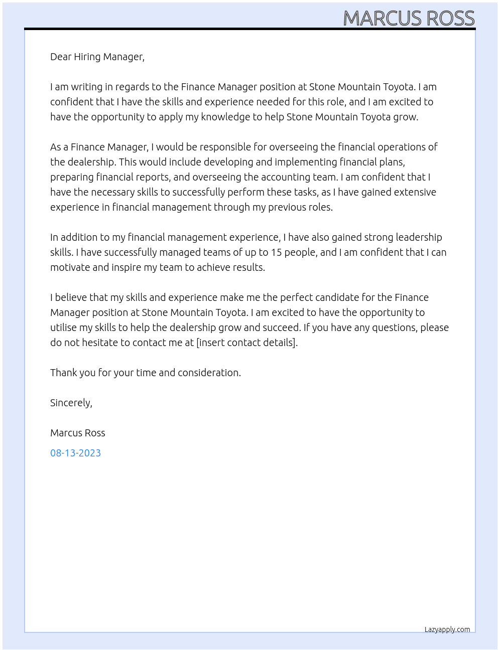 Finance manager  At Stone Mountain Toyota Cover Letter