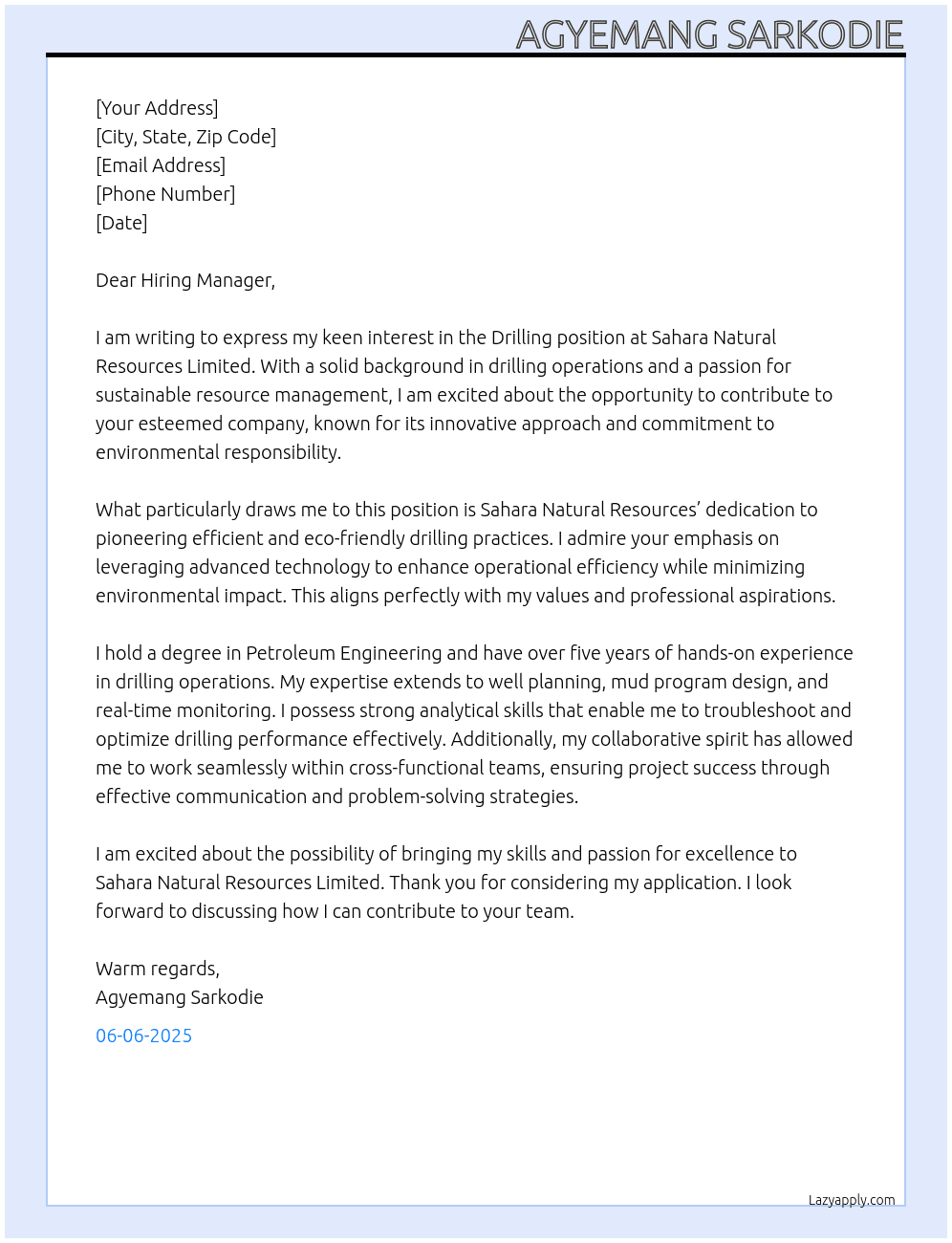 Cover letter for drilling - LazyApply