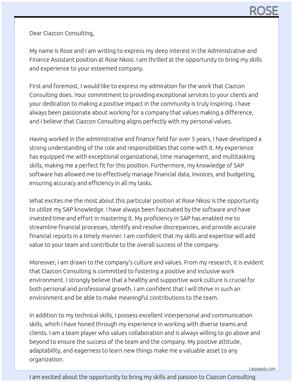 Administrative and Finance assistant At Rose Nkosi Cover Letter