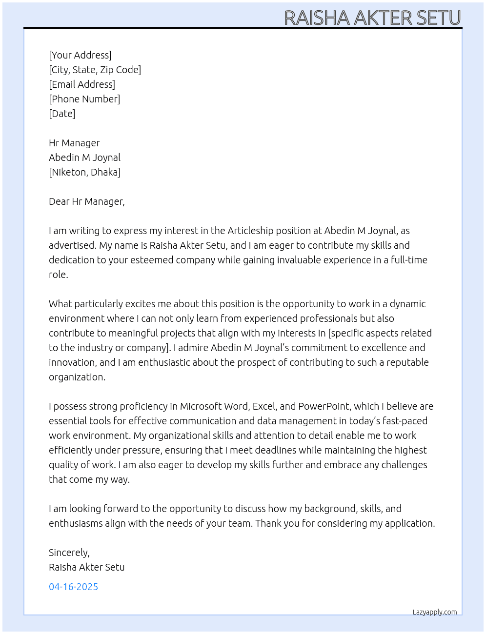Articleship  At Abedin M Joynal Cover Letter