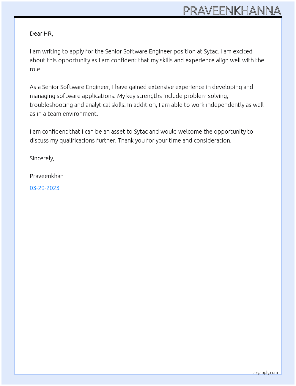 Senior Software engineer At sytac Cover Letter
