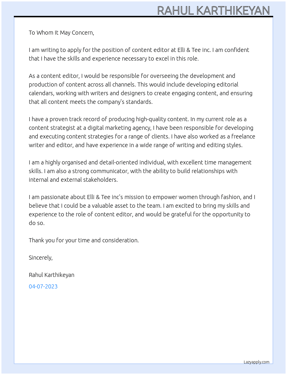 Content editor  At Elli & Tee inc. Cover Letter