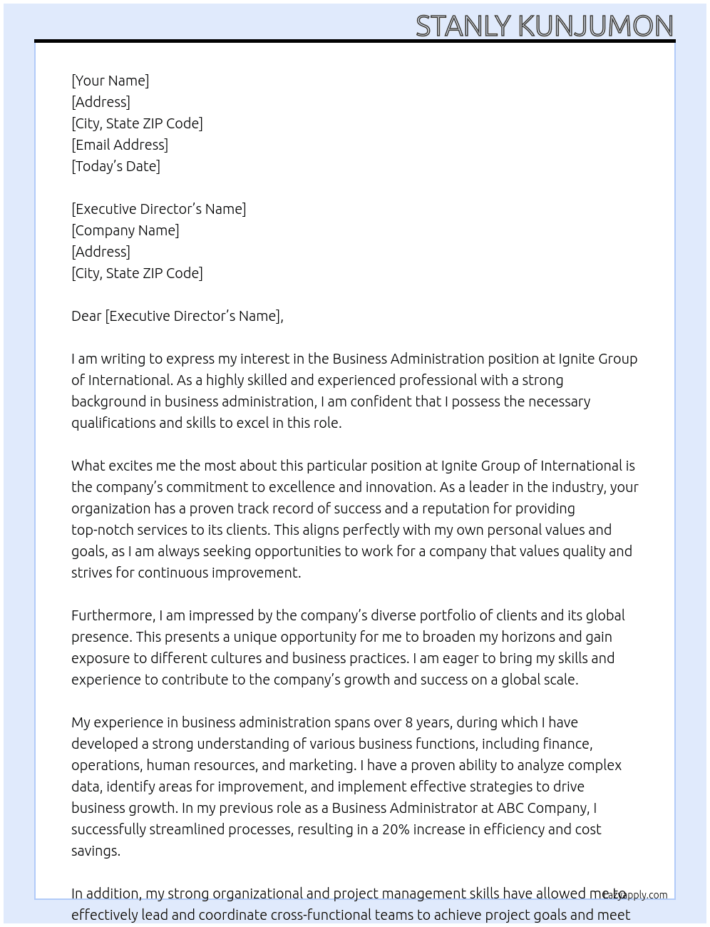 Business administration  At Ignite group of international  Cover Letter