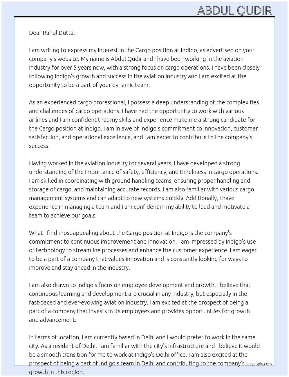 Cargo At Indigo  Cover Letter