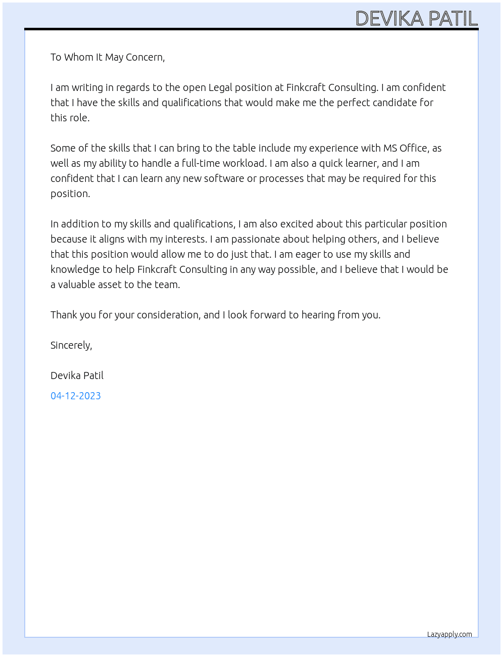 Legal At Finkcraft Consulting Cover Letter
