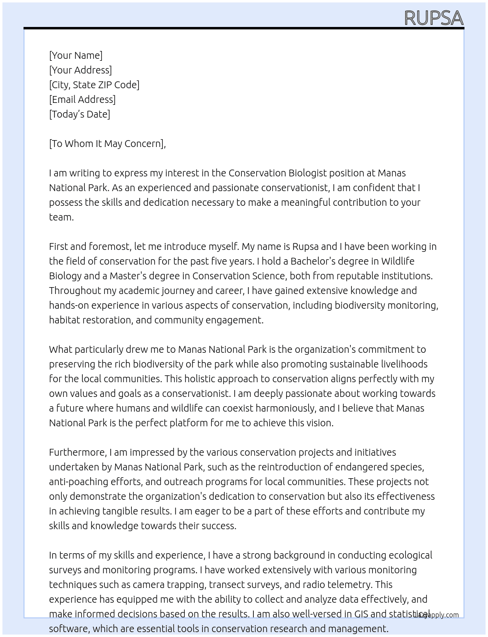 Conservation Biologist At Manas National Park Cover Letter