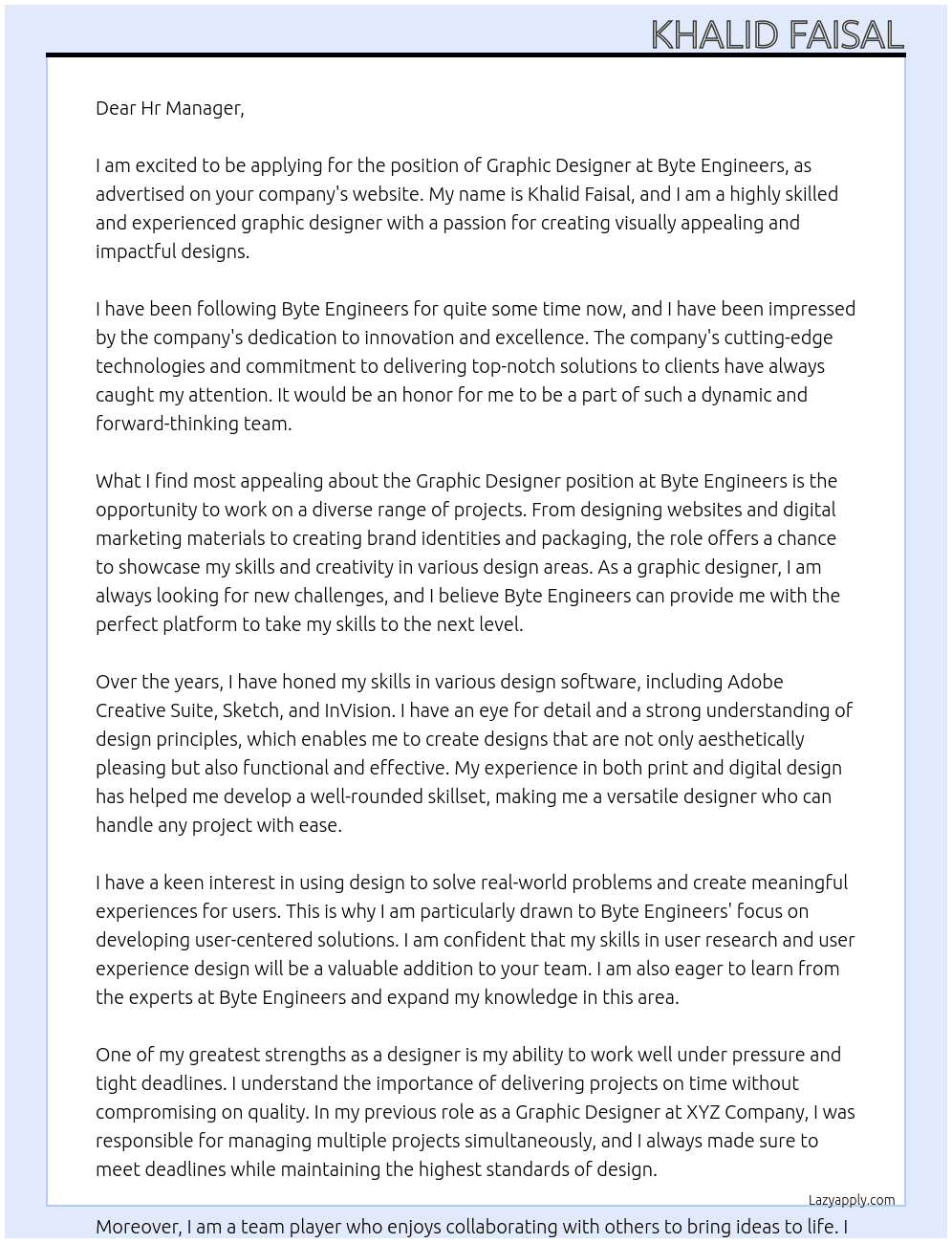 Graphic Designer At Byte Engineers Cover Letter