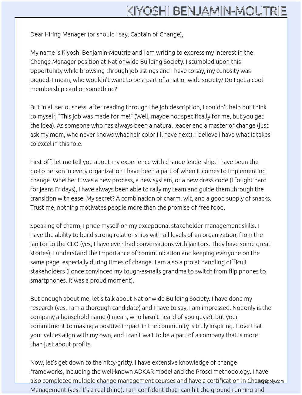 Change Manager At Nationwide Building Society Cover Letter