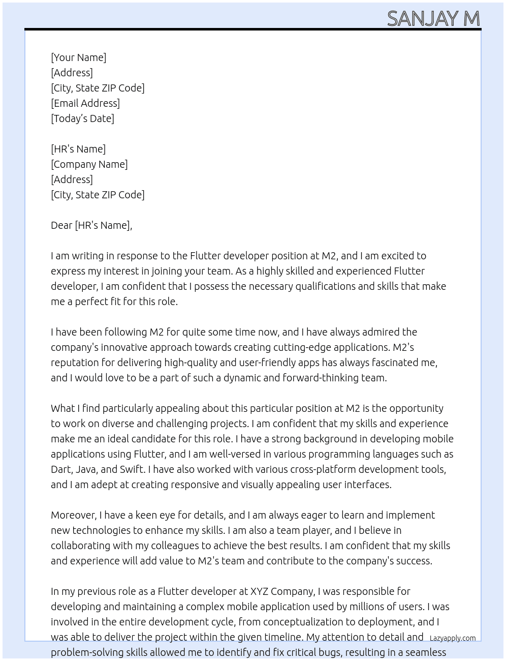 Flutter developer At M2 Cover Letter