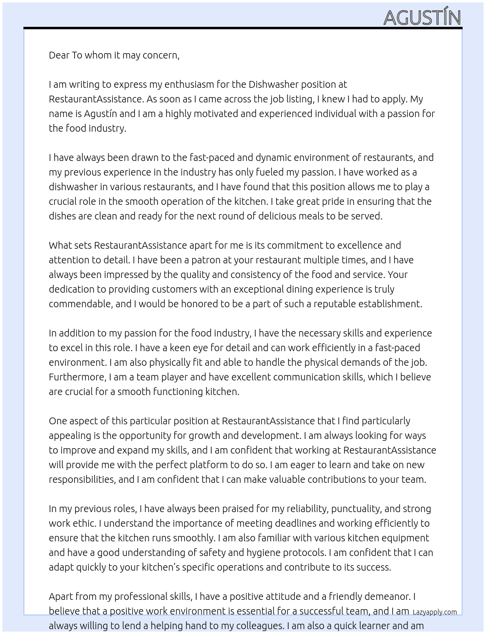 Dishwasher At RestaurantAssistance Cover Letter