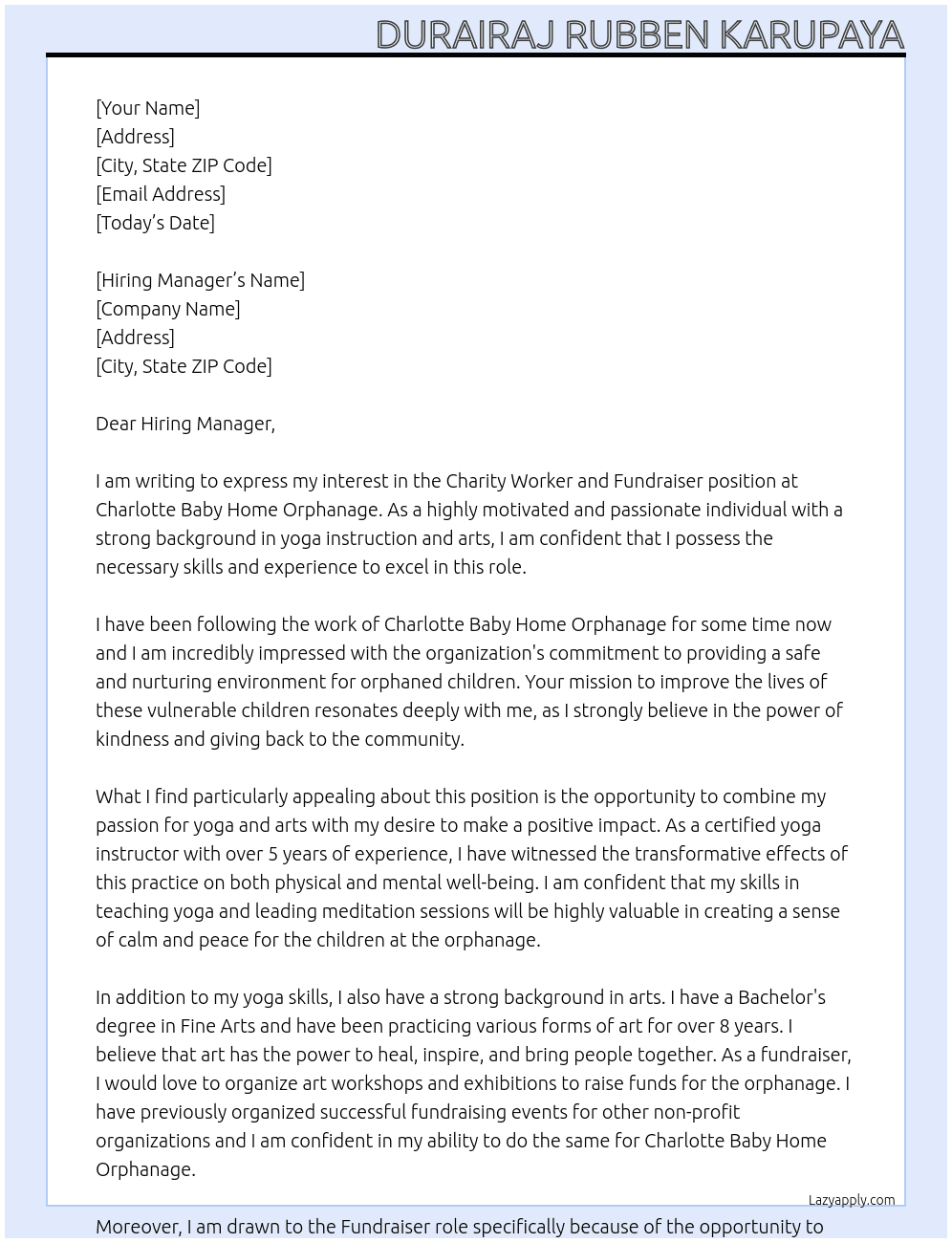 Charity Worker and Fundraiser At Charlotte Baby Home Orphanage Cover Letter
