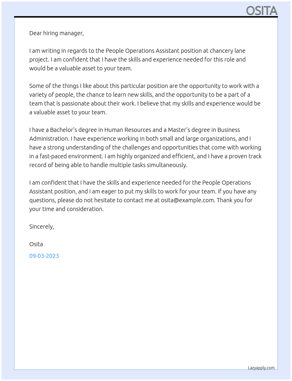 People Operations Assistant At chancery lane project Cover Letter
