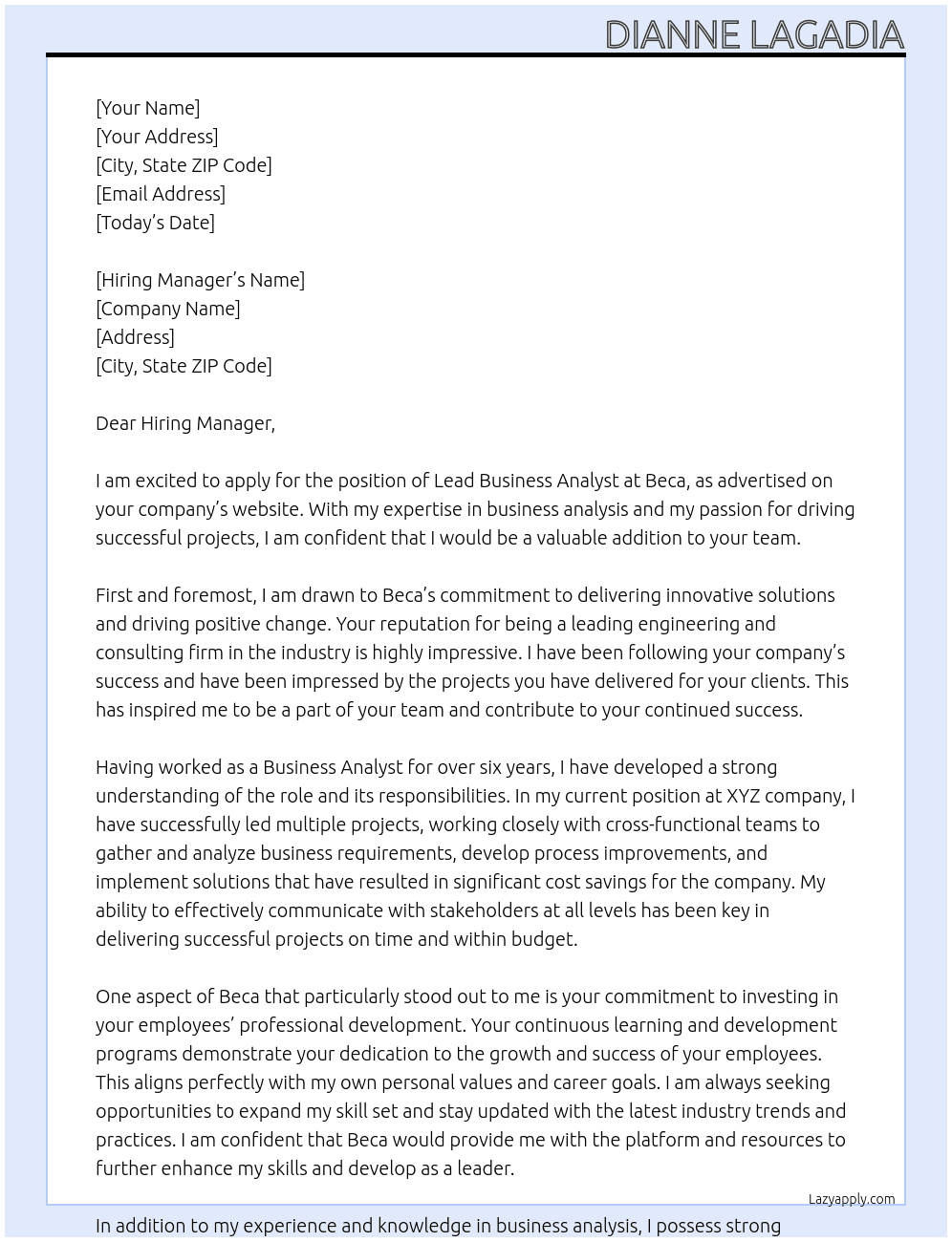 Lead Business Analyst At Beca Cover Letter