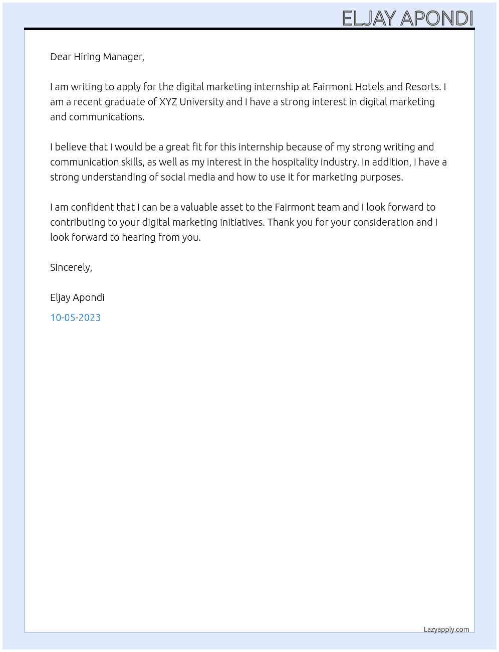 Digital marketing internship  At Fairmont hotels and resorts  Cover Letter