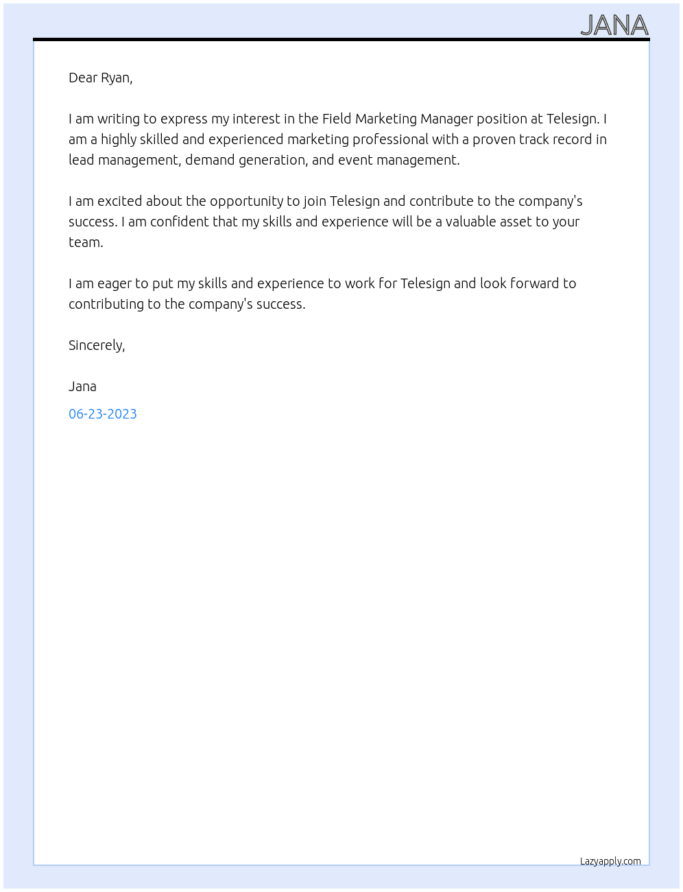 Field Marketing Manager At Telesign Cover Letter