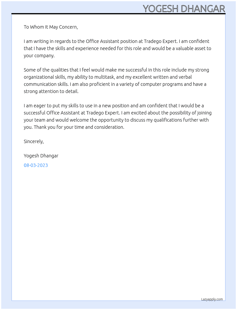 Office Assistant At Office Assistant Job in Multiple locations at Tradego Expert Cover Letter