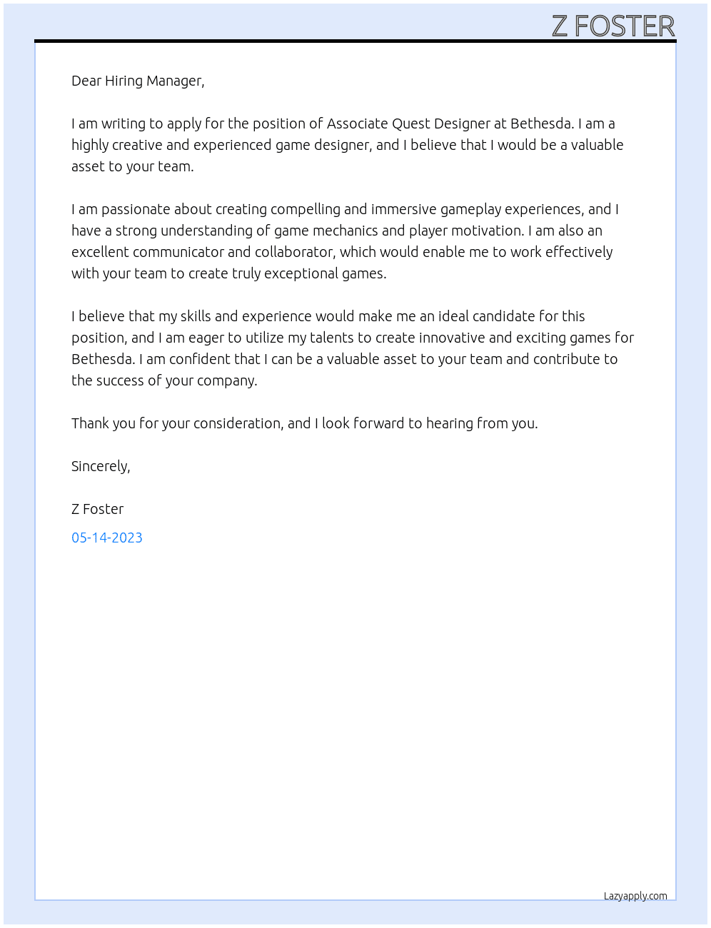 Associate Quest Designer At Bethesda Cover Letter