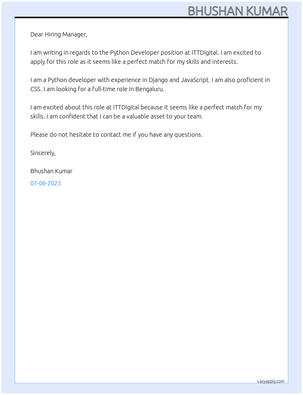 python developer At ITTDigital Cover Letter