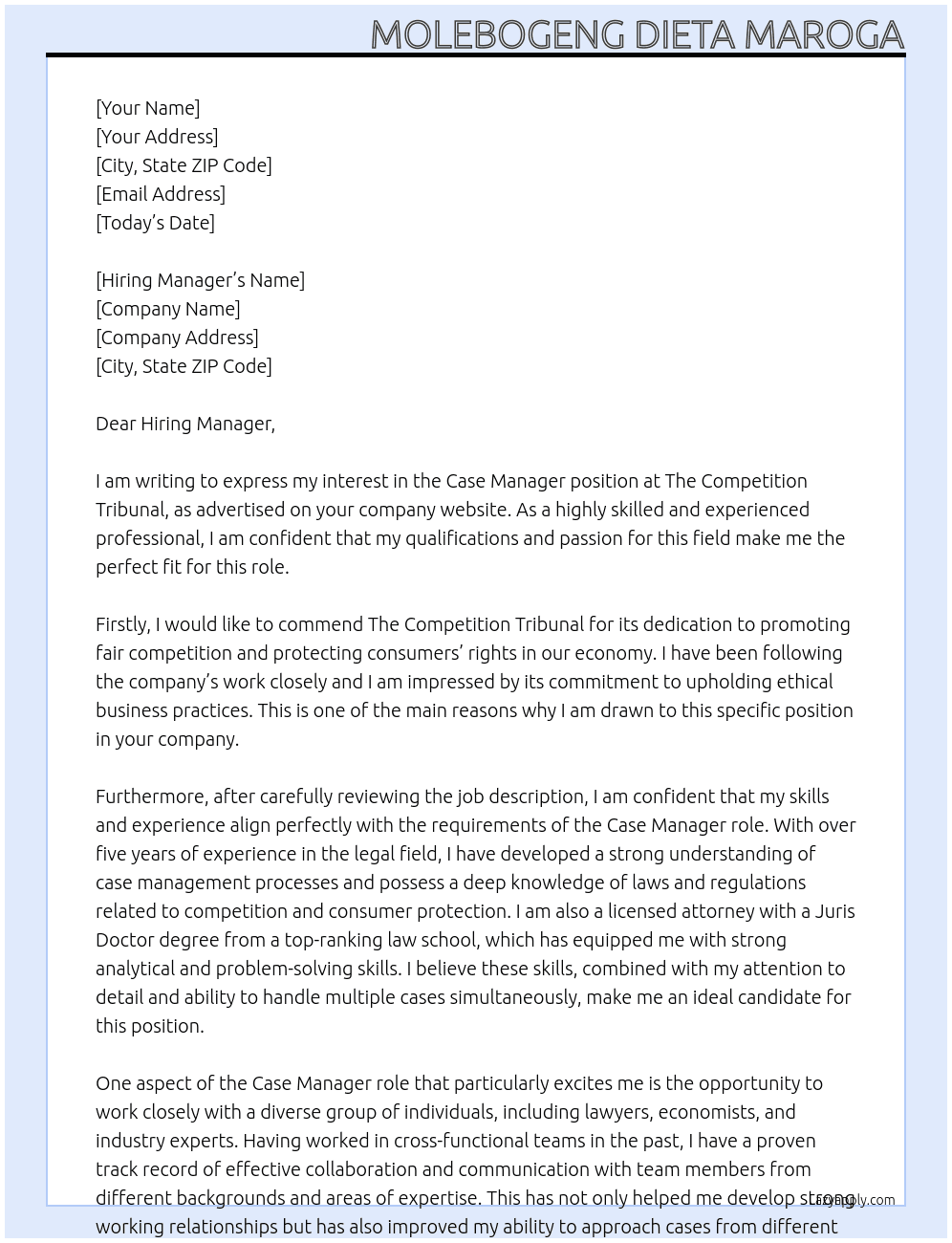 Case Manager At The Competition Tribunal Cover Letter