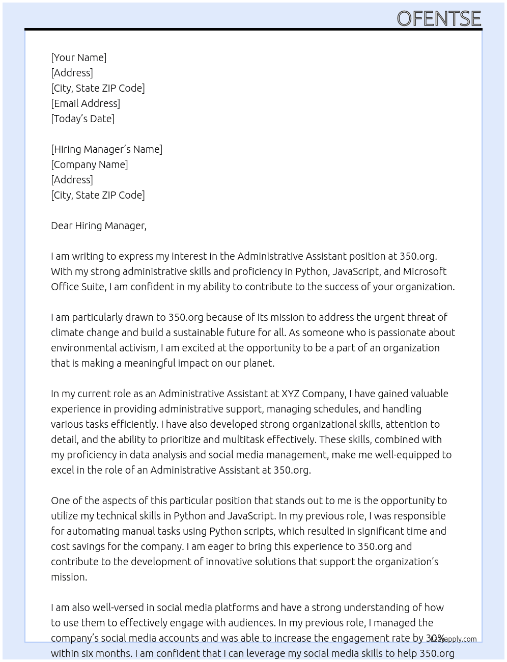 Administrative assistant  At 350.org  Cover Letter