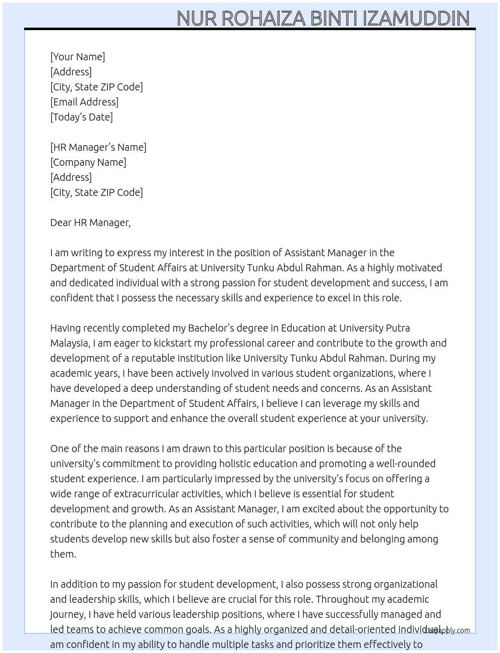 ASSISTANT MANAGER, DEPARTMENT OF STUDENT AFFAIRS At University Tunku Abdul Rahman  Cover Letter