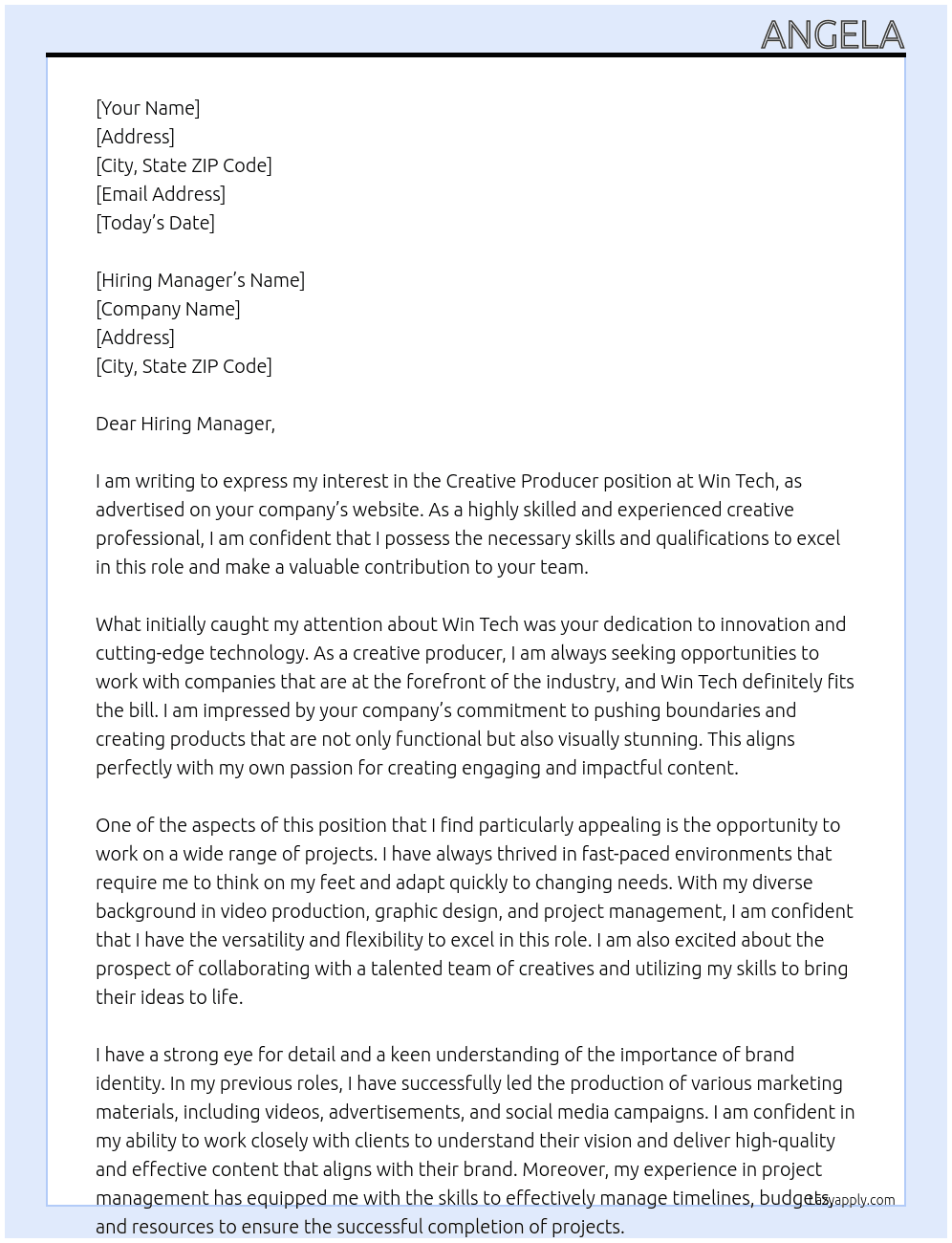 creative producer At Win Tech Cover Letter