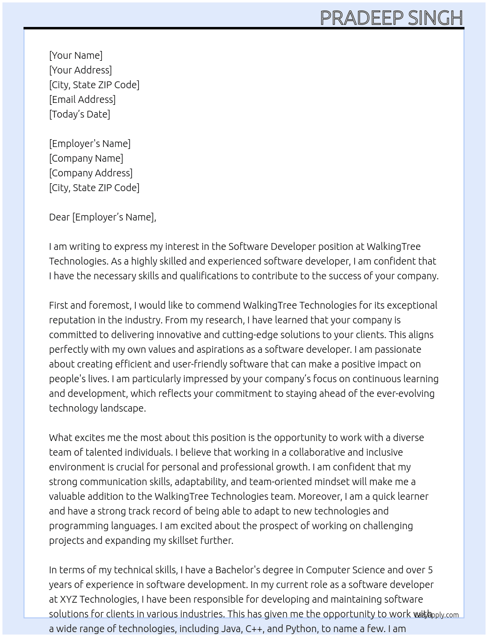 Software Developer At WalkingTree Technologies Cover Letter
