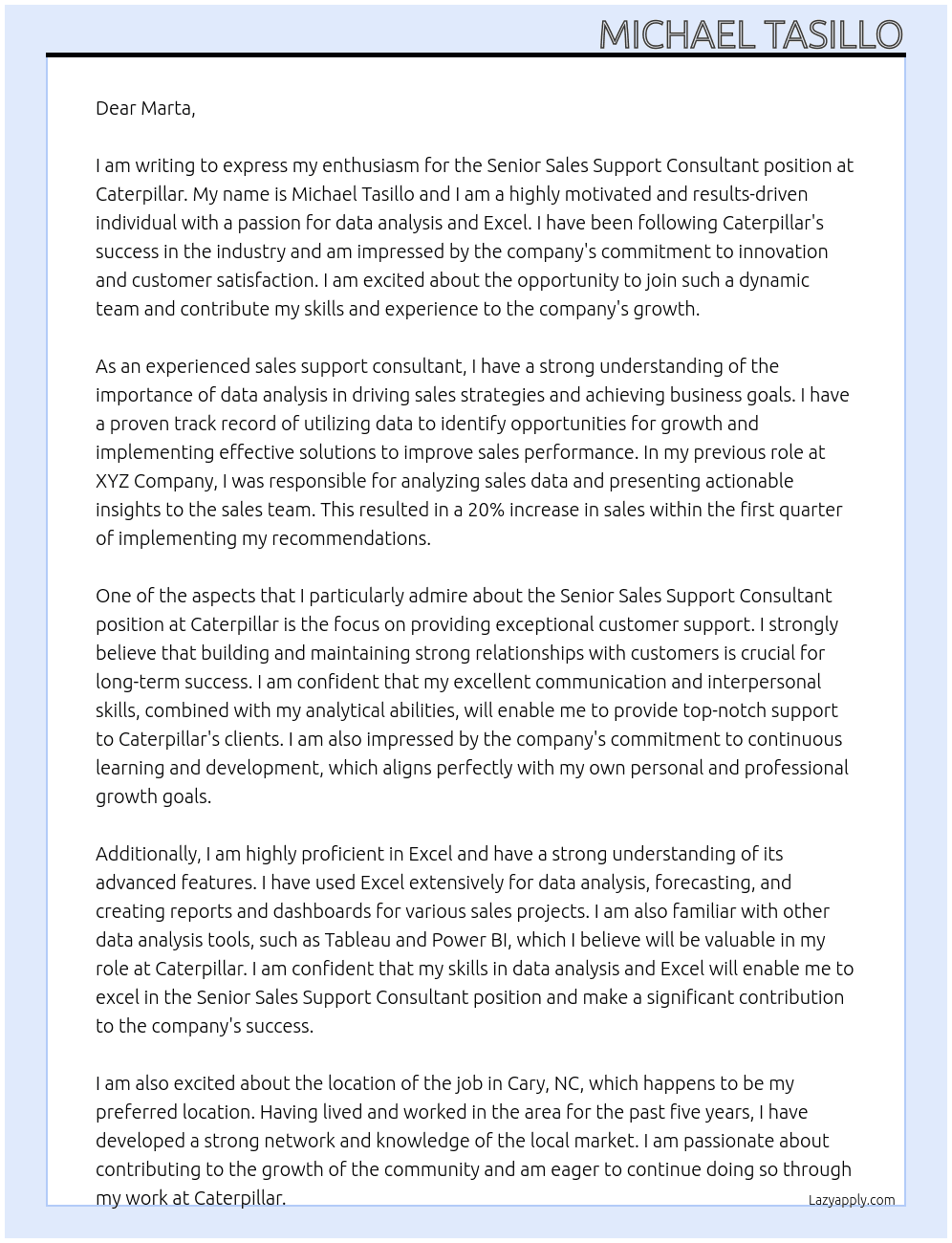 Senior Sales Support Consultant At Caterpillar Cover Letter