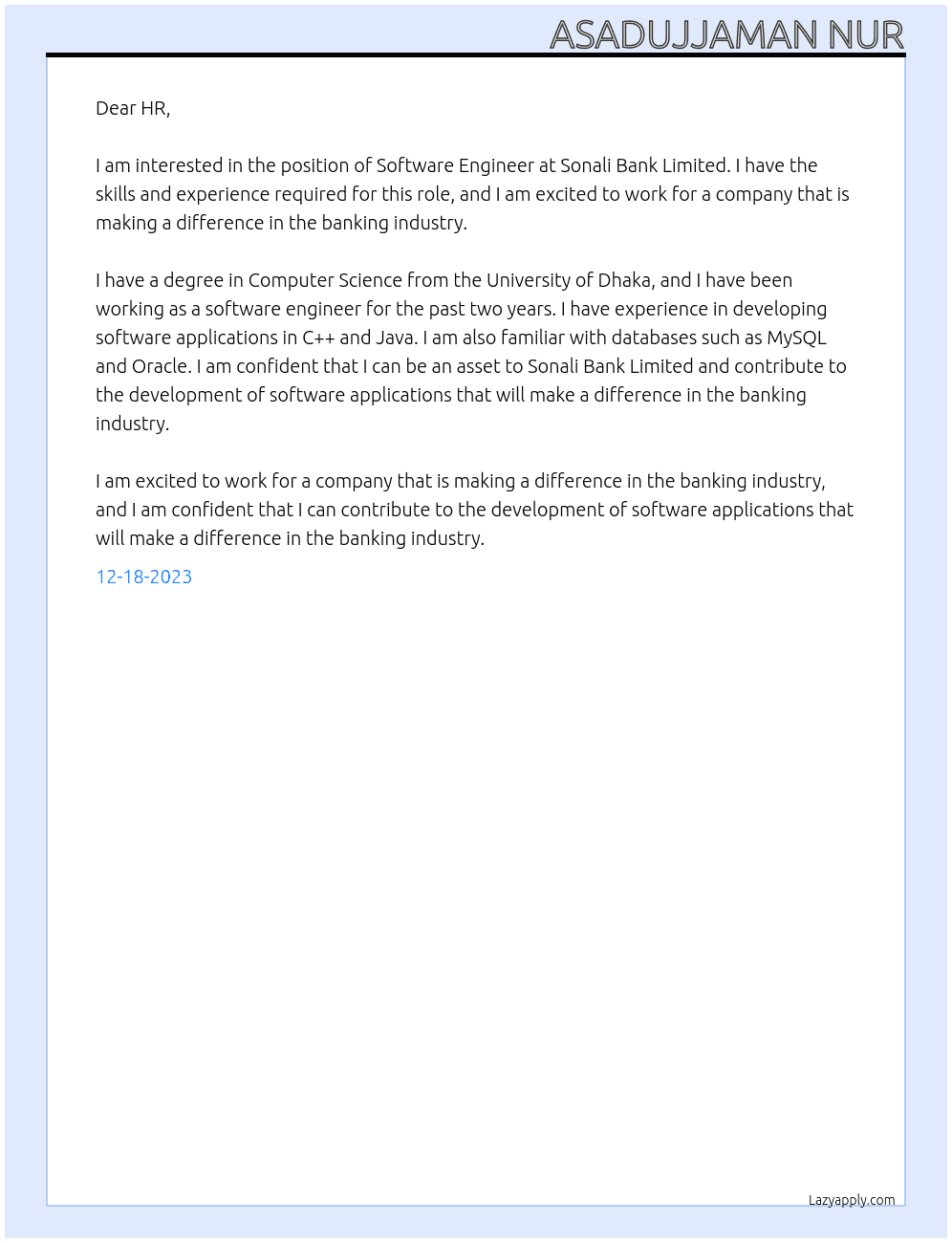 Software Engineer At Sonali Bank Limited Cover Letter
