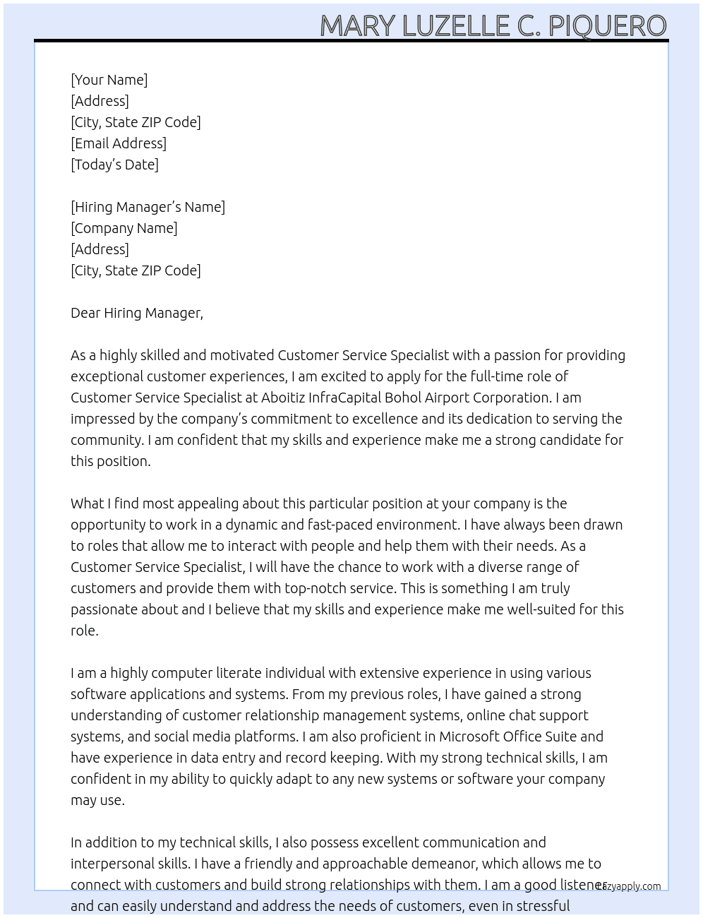 Cover letter for costumer service specialist - LazyApply