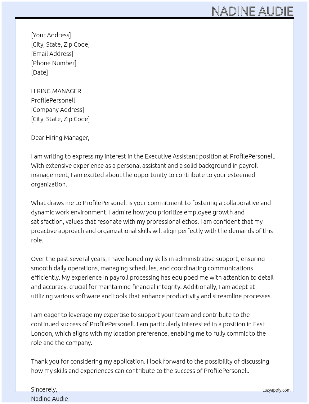 Executive Assistant At ProfilePersonell Cover Letter