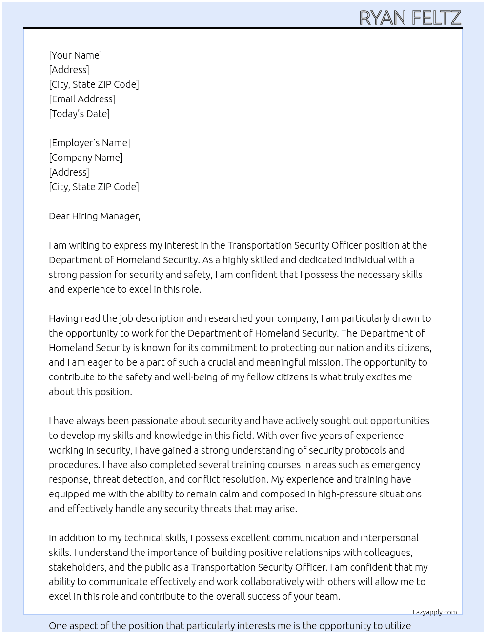 Transportation Security Officer At  Department of Homeland Security Cover Letter