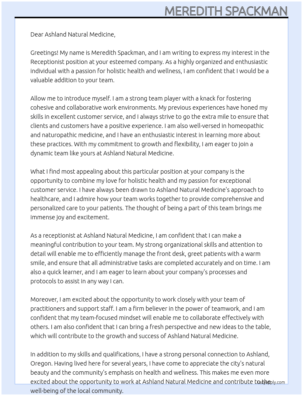 Receptionist At Ashland Natural Medicine Cover Letter