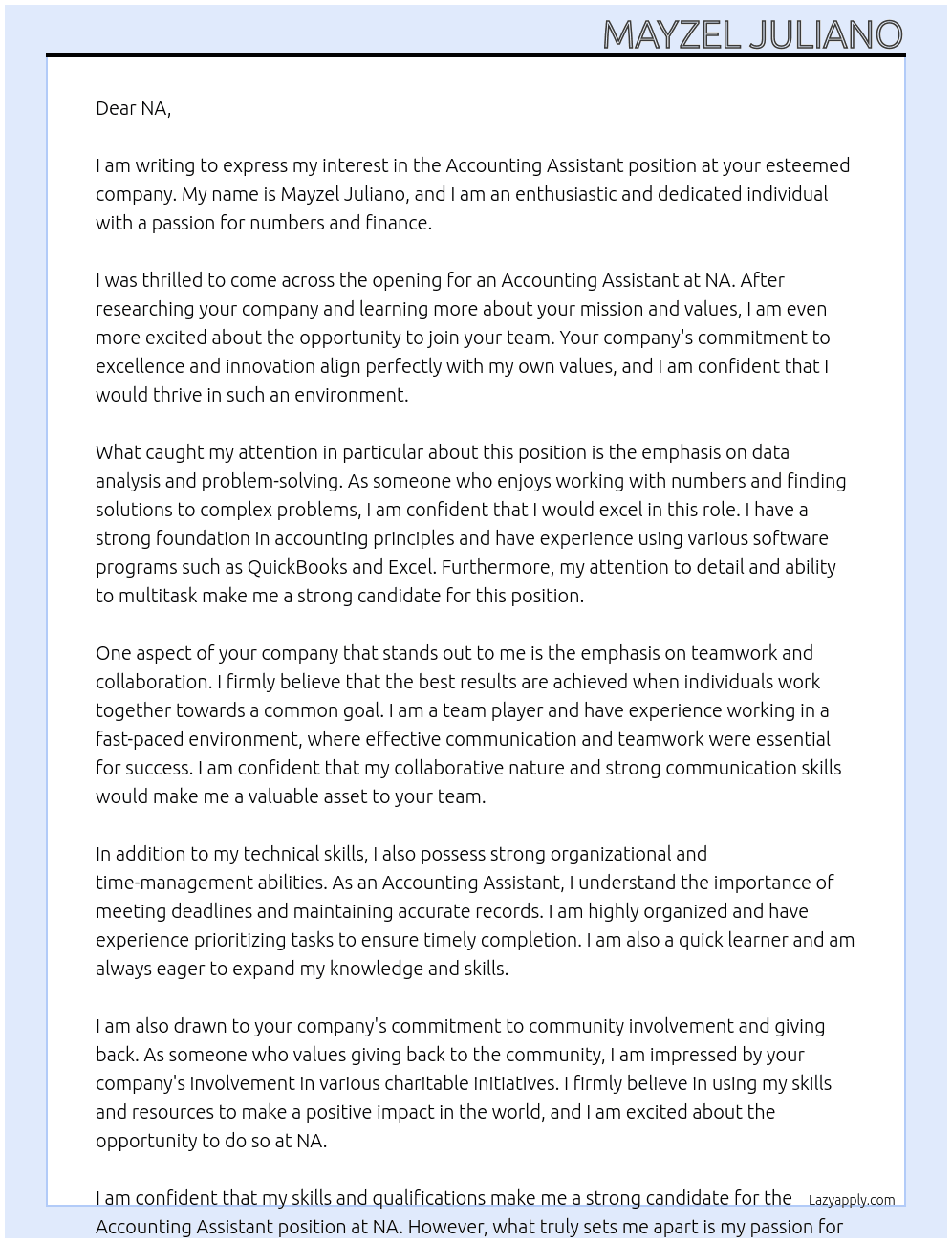 Accounting assistant At NA Cover Letter