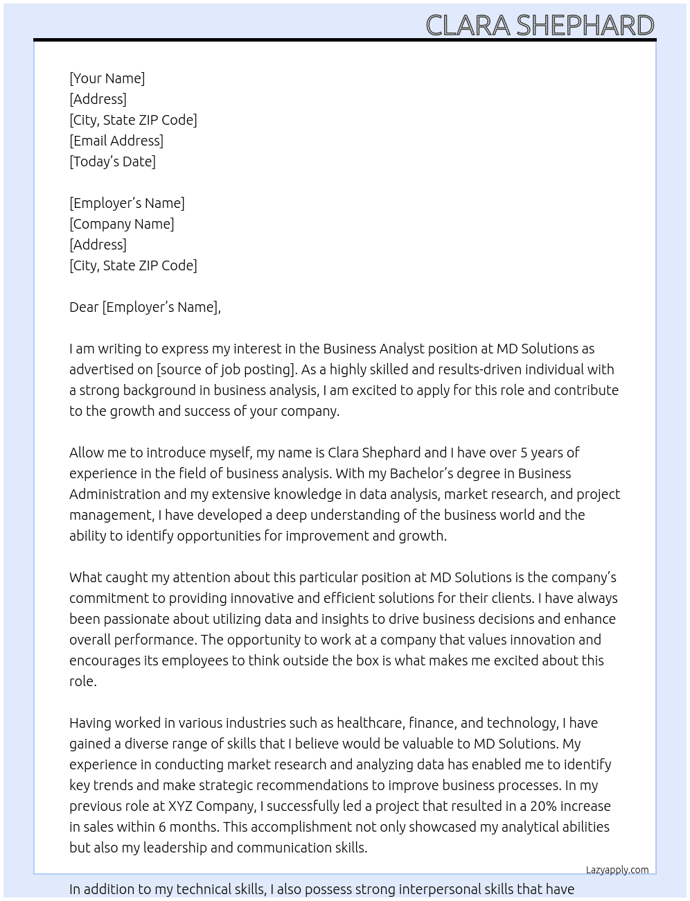 Business Analyst  At MD Solutions  Cover Letter