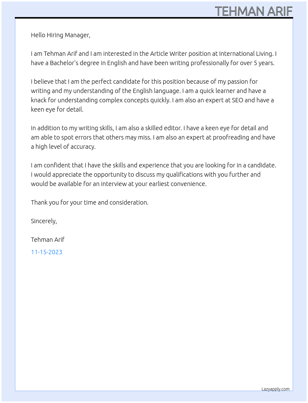 Article Writer At International Living Cover Letter