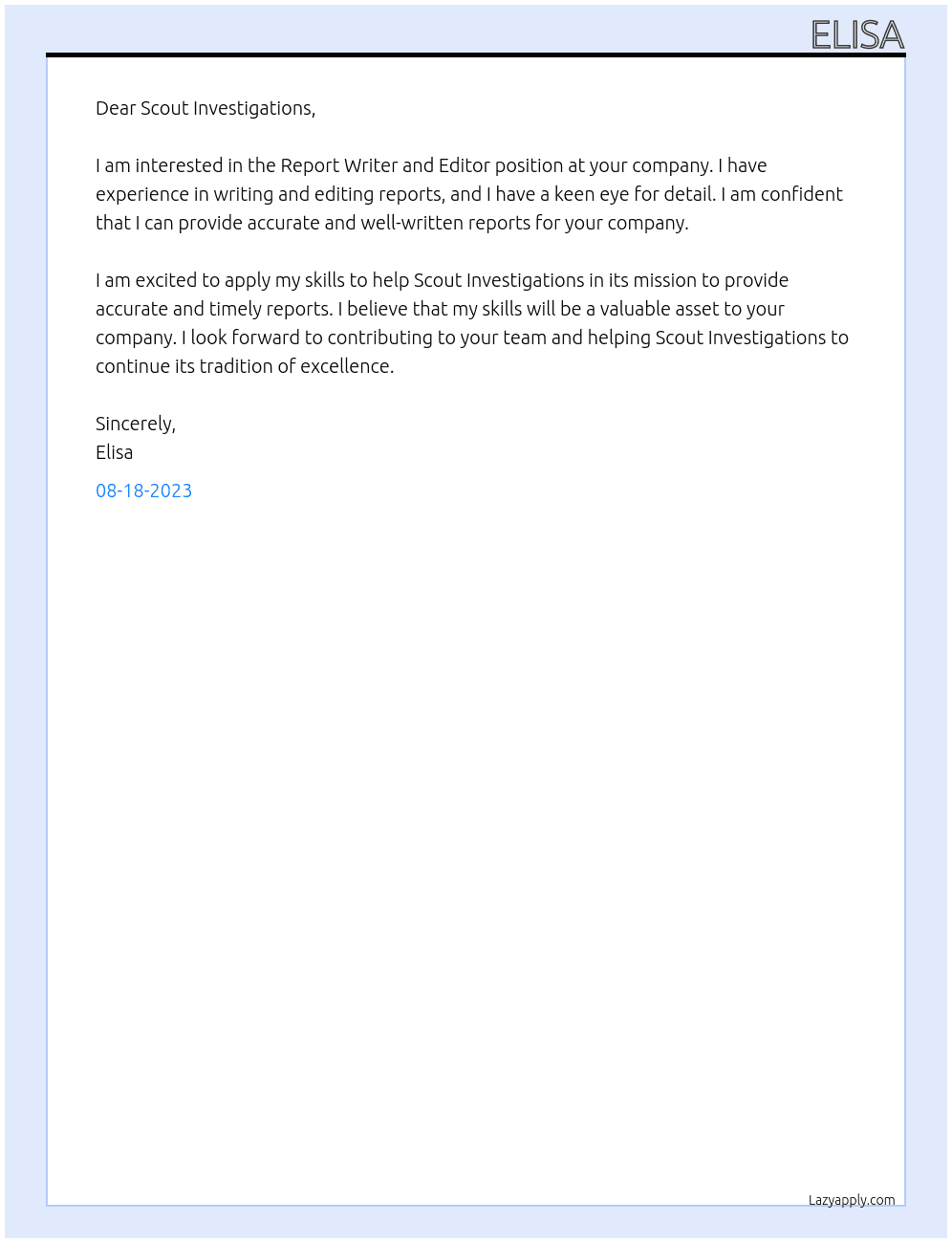 Report Writer and Editor At Scout Investigations Cover Letter