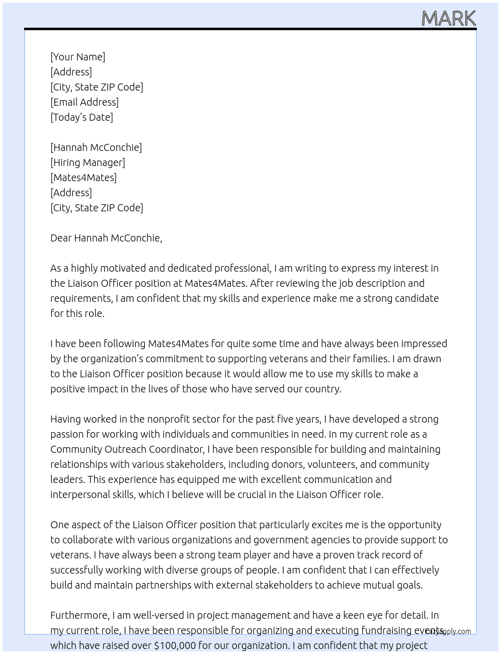 liason officer At mates4mates Cover Letter