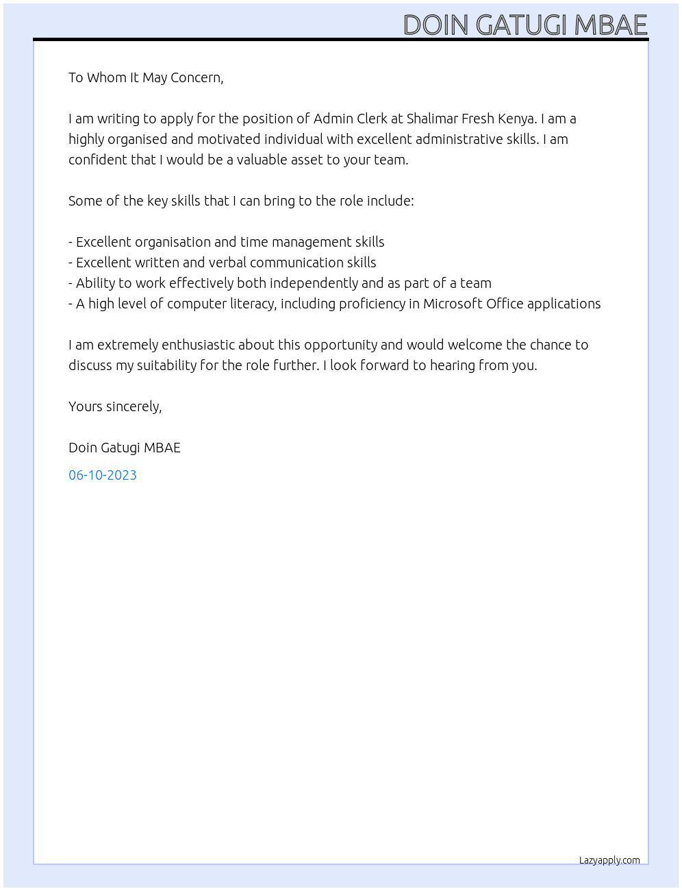 ADMIN CLERK At SHALIMAR FRESH KENYA  Cover Letter