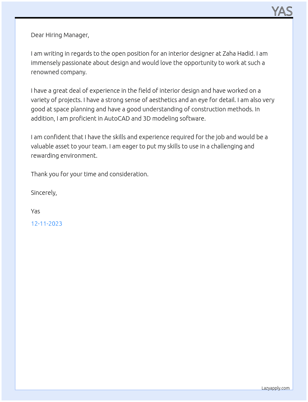 Interior designer  At Zaha Hadid Cover Letter