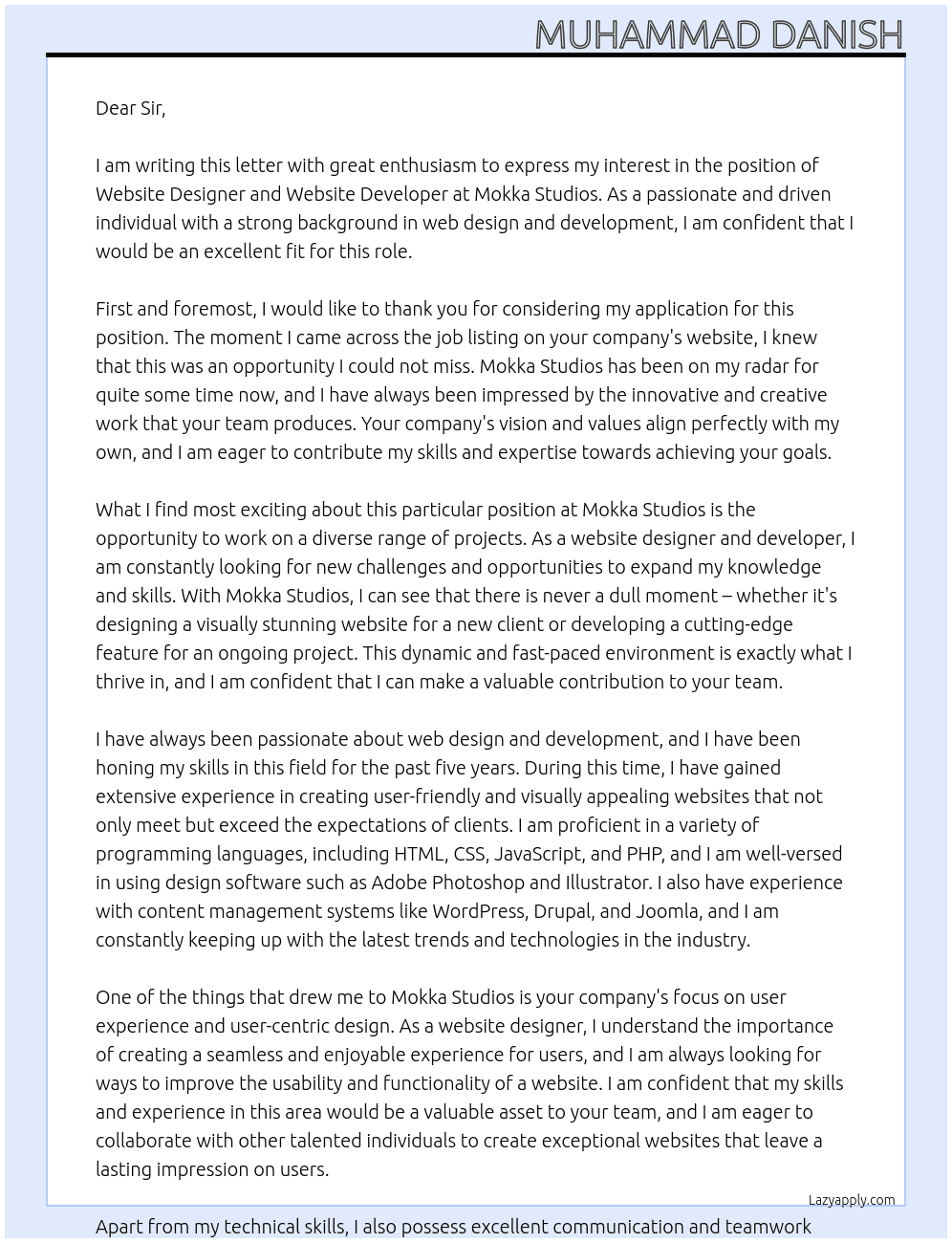 Website Designer and Website Developer At Mokka Studios Cover Letter
