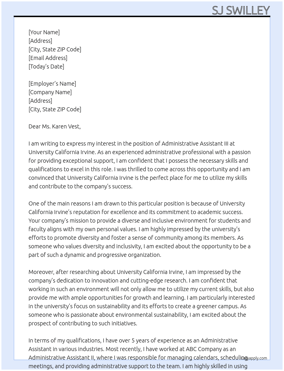 Administrative Assistant III At University California Irvine Cover Letter
