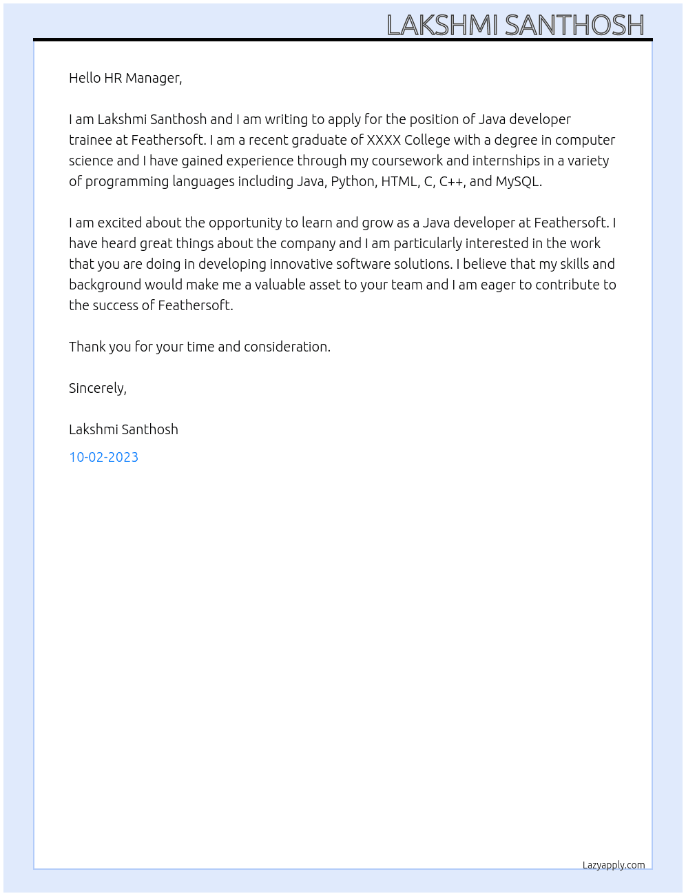 Java developer trainee At Feathersoft  Cover Letter