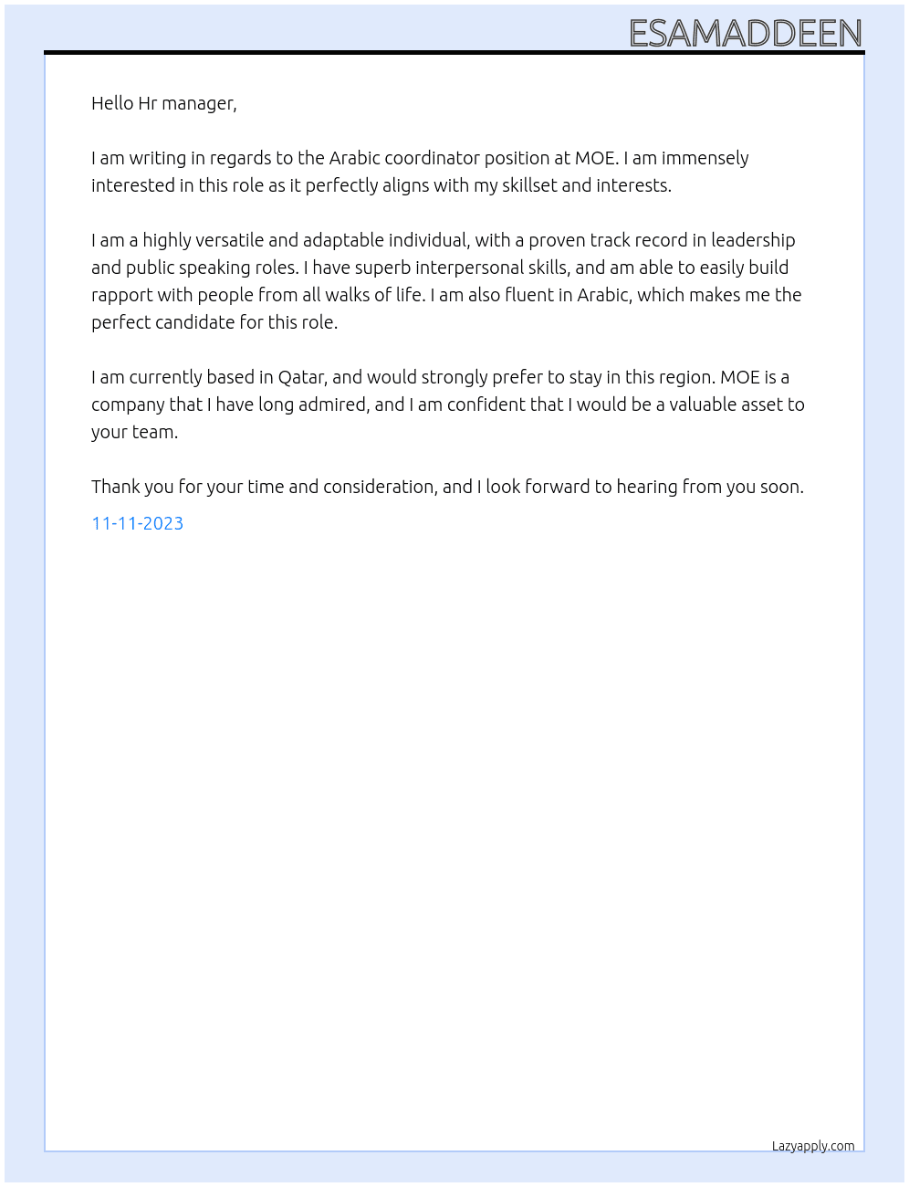 Arabic coordinator At MOE Cover Letter