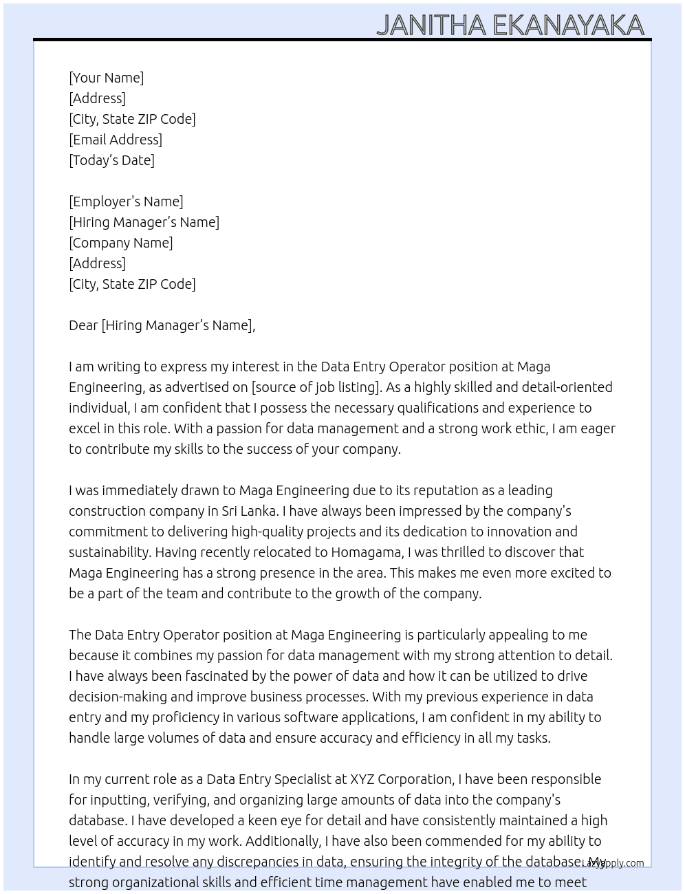 Data Entry Operator  At Maga Engineering  Cover Letter