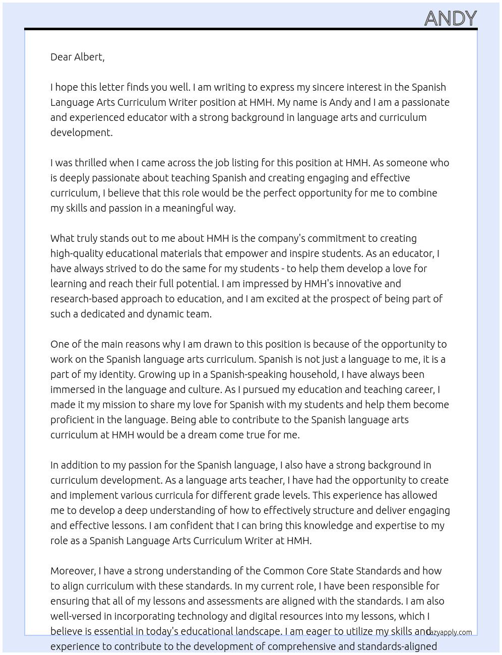 Spanish language arts curriculum writer At hmh Cover Letter